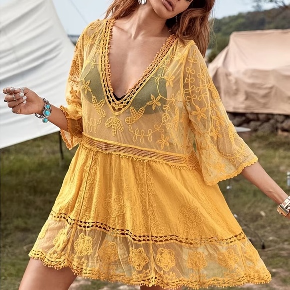 Other - NWT Bohemian Sun Kissed Yellow Floral Lace Beach Cover-Up